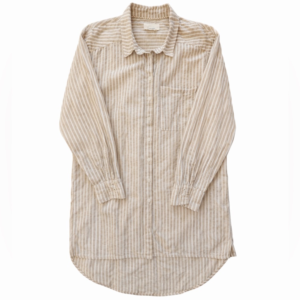 Anthropologie button down shirt tunic tan white stripes size M